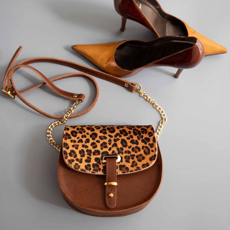 Mini Victoria Leopard Print Full Grain Tan Leather Crossbody Saddle Bag With Gold Chain image