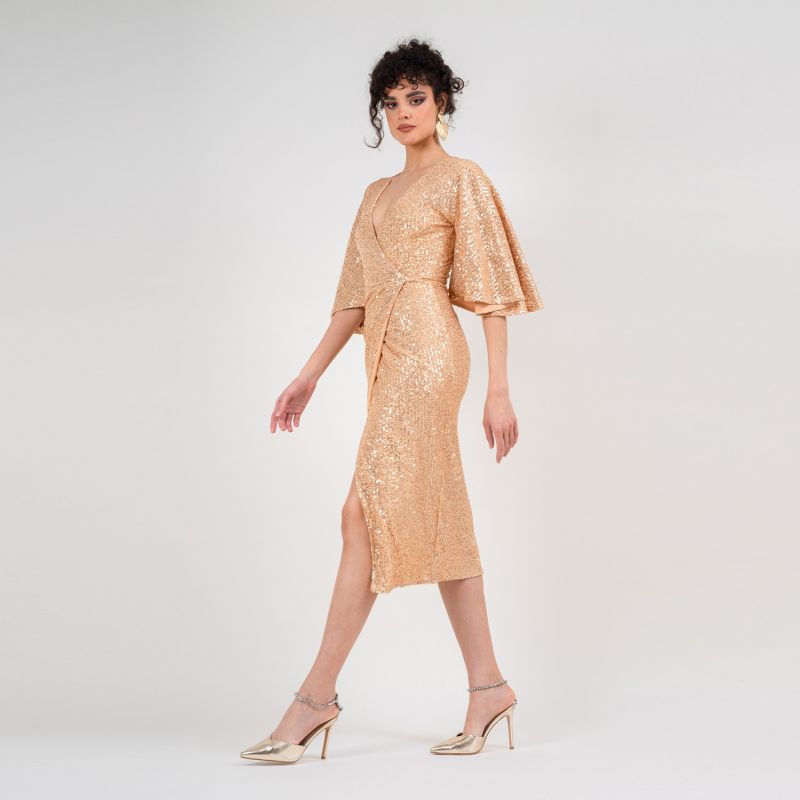 Midi Gold Sequin Dress With Buterfly Sleeves image