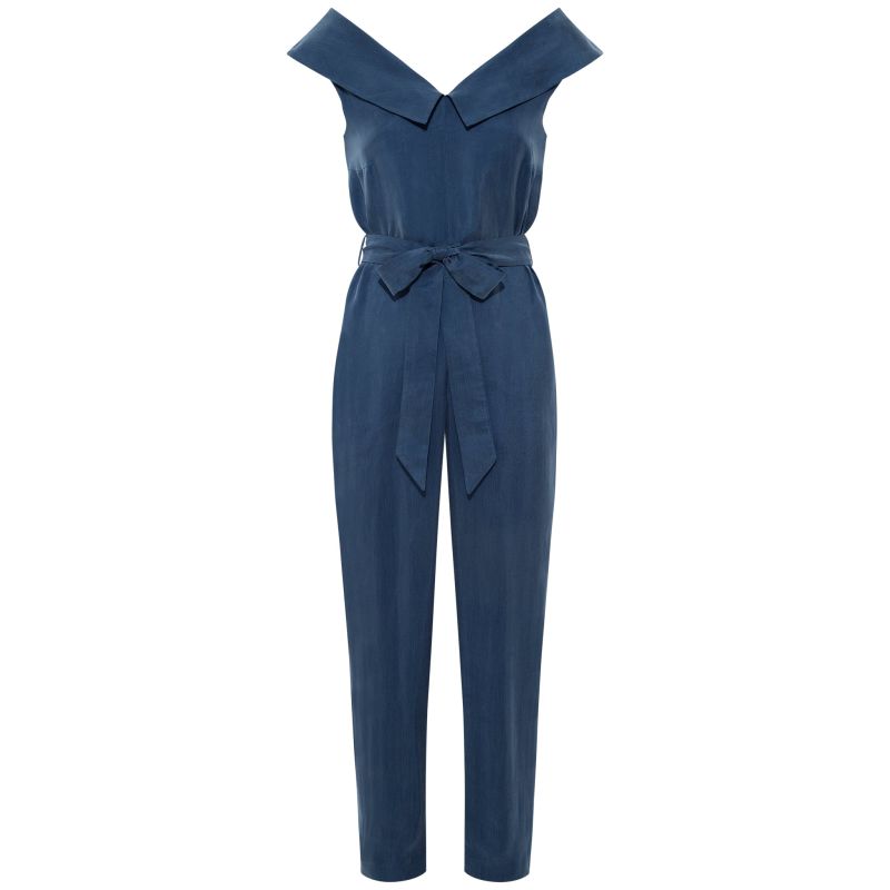 Off Shoulder Belted Vegan Jumpsuit - Dark Denim Blue image