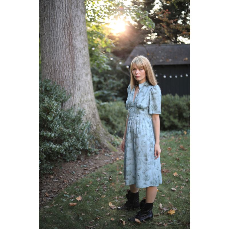 Naomi High Neck Dress In Cottage Blue & Pewter Green Lightweight Cotton image