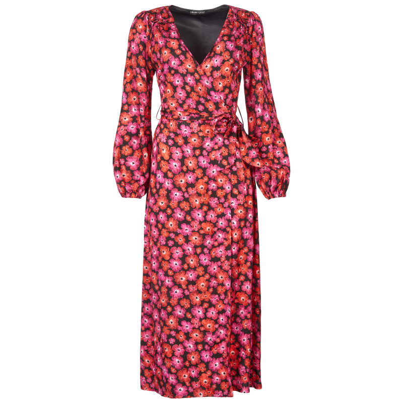 The Annalise Satin Wrap Long Sleeve Midi Dress In Pink Floral image