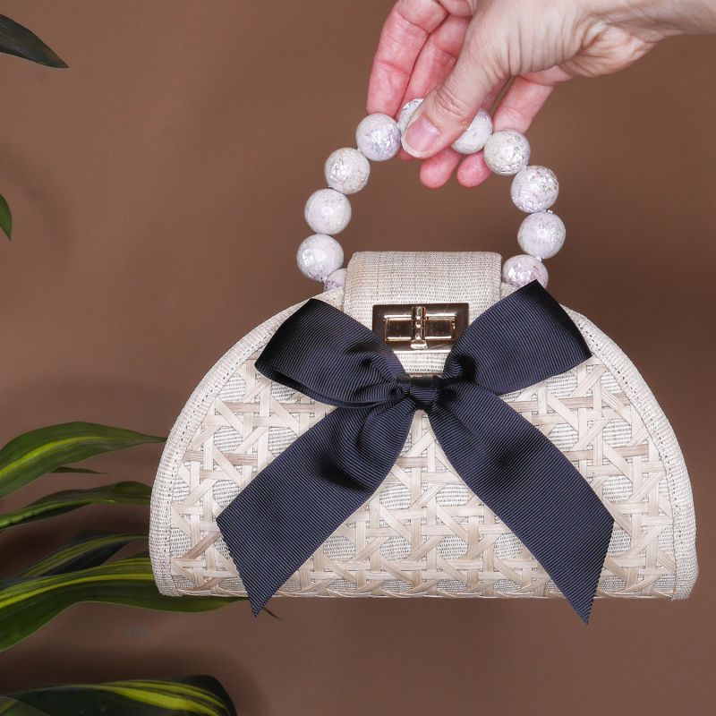 The Arabella Cream, Black Bow, Shell Inlay Bead Rattan Woven Handbag image