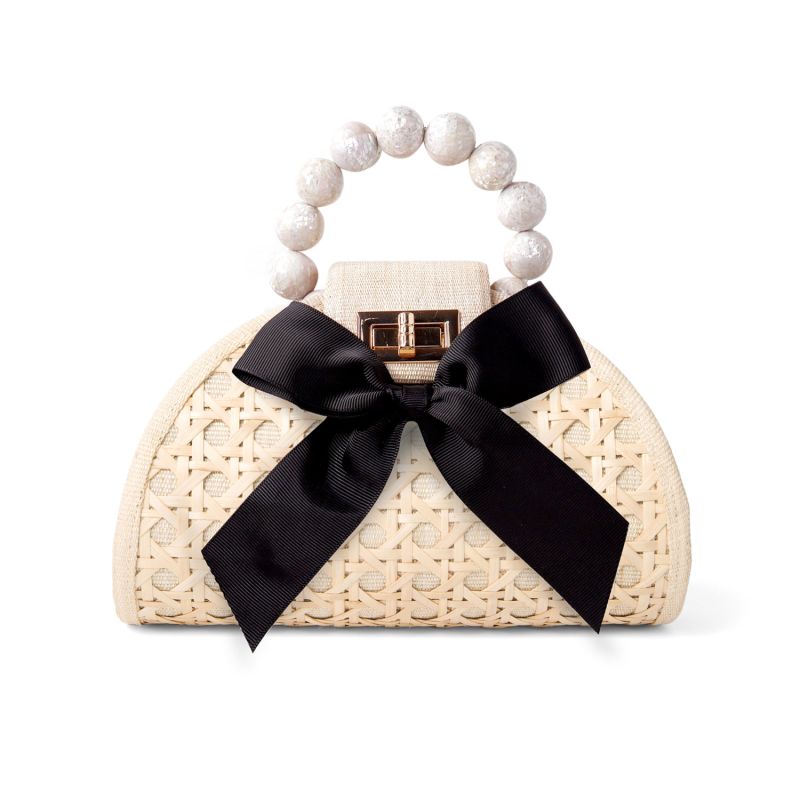 The Arabella Cream, Black Bow, Shell Inlay Bead Rattan Woven Handbag image