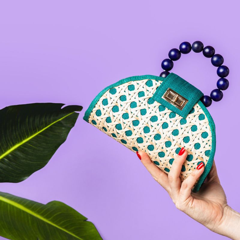 The Bella Green & Blue Rattan Woven Handbag image