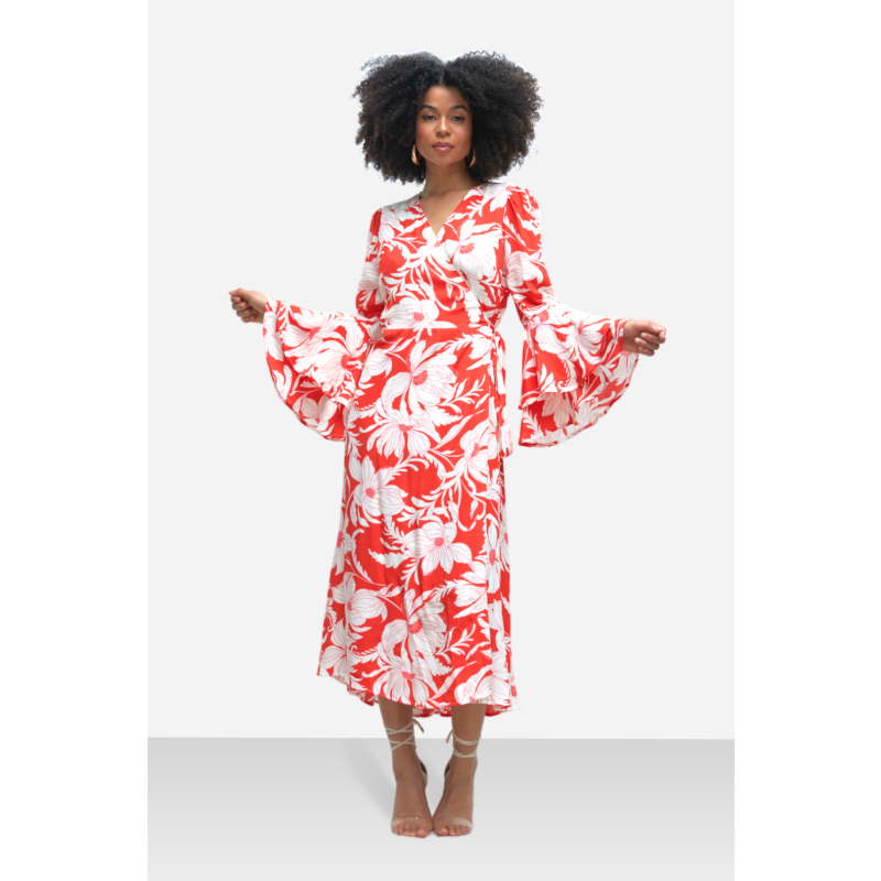 The Dantea Long Flare Sleeve Wrap Dress In Red Vintage Floral image