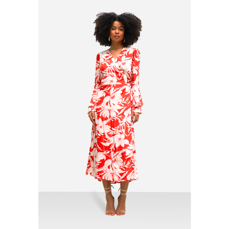 The Dantea Long Flare Sleeve Wrap Dress In Red Vintage Floral image