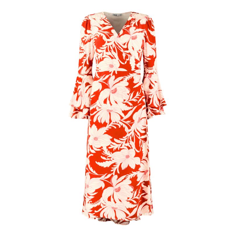 The Dantea Long Flare Sleeve Wrap Dress In Red Vintage Floral image