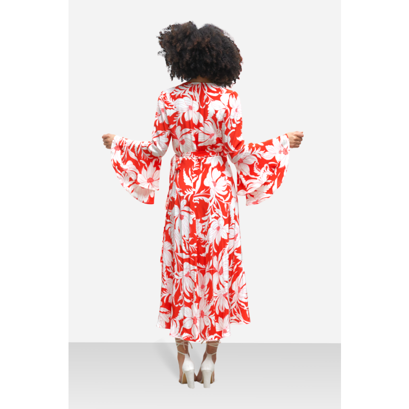 The Dantea Long Flare Sleeve Wrap Dress In Red Vintage Floral image