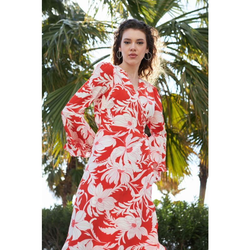 The Dantea Long Flare Sleeve Wrap Dress In Red Vintage Floral image
