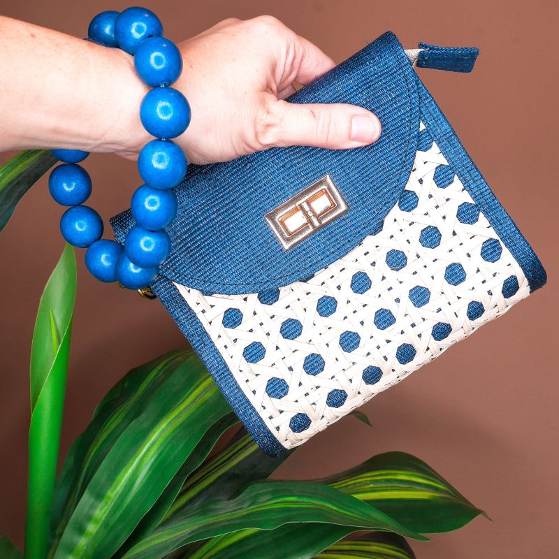 The Davina Blue Bead & Rattan Woven Wristlet Purse image