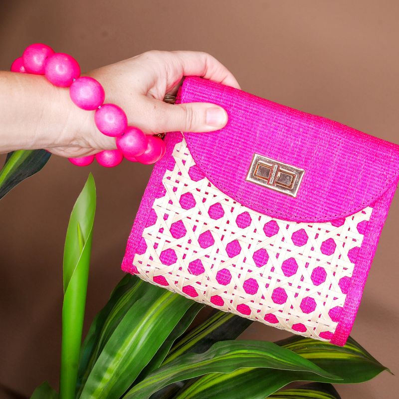 The Davina Pink Bead & Woven Rattan Purse image