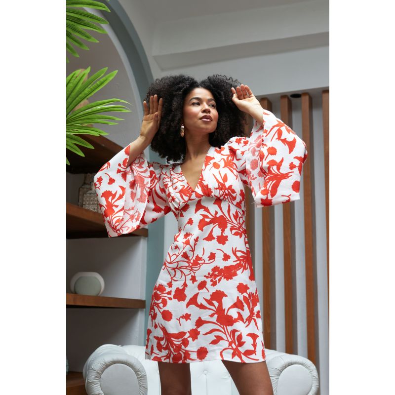 The Florence V Neck Mini Dress Flare Sleeve In White Red Floral image