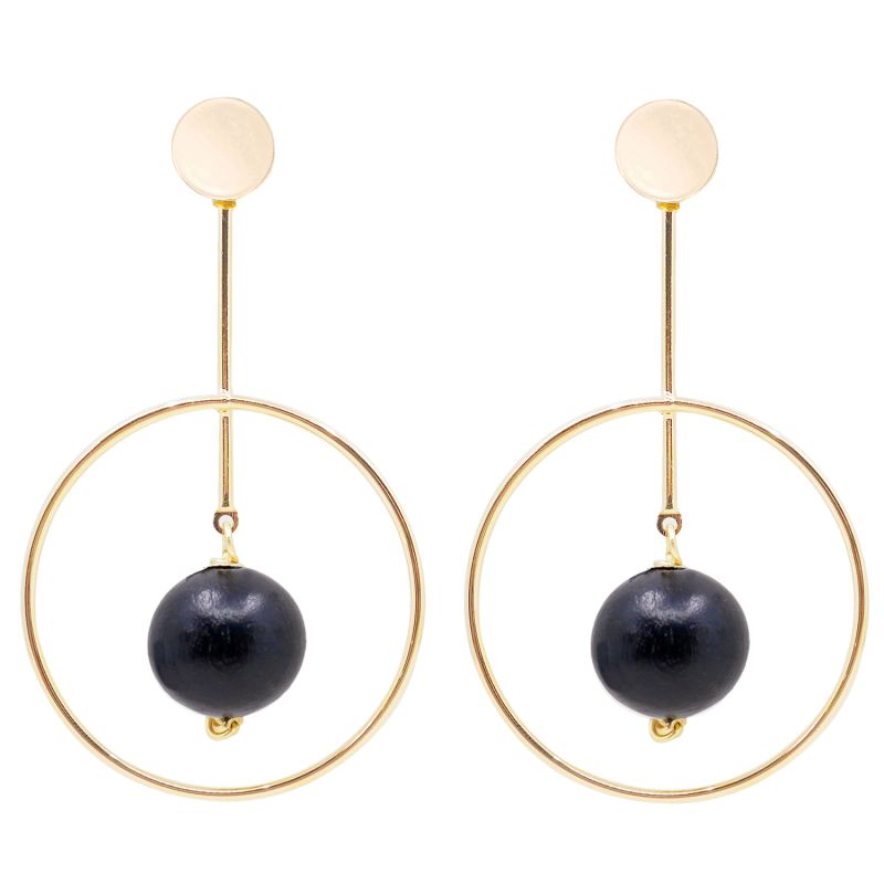 The Georgina Black Wooden Bead & Gold Hoop Earrings image