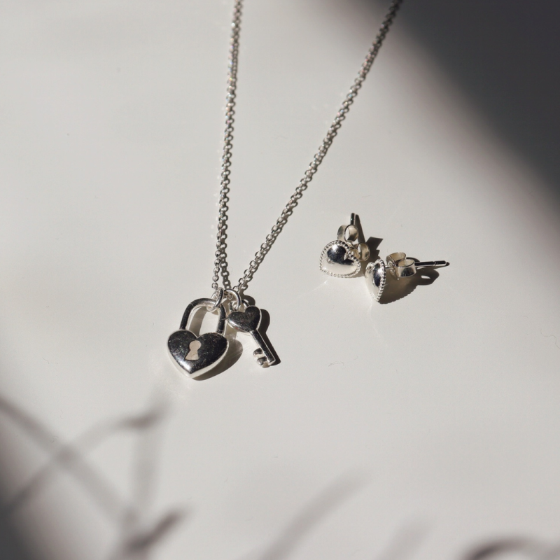 Silver Heart Shaped Lock & Key Charm Necklace