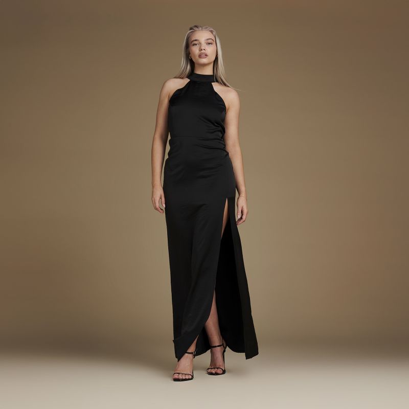 Halter Neck Floor Length Satin Dress - Josephine In Black image