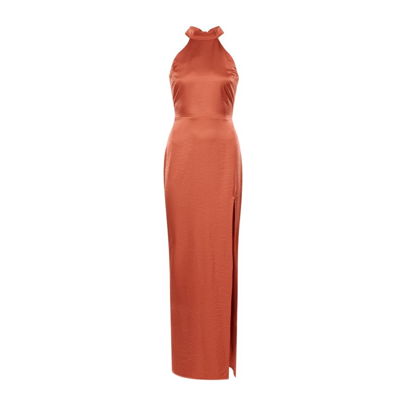 Halter Neck Floor Length Satin Dress - Josephine In Burnt Orange image