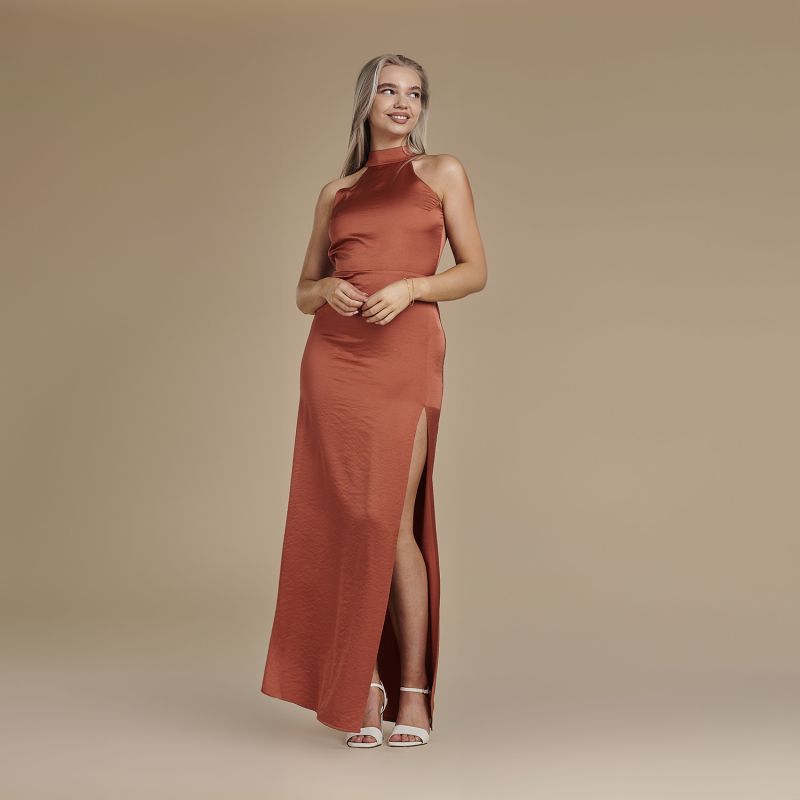 Halter Neck Floor Length Satin Dress - Josephine In Burnt Orange image