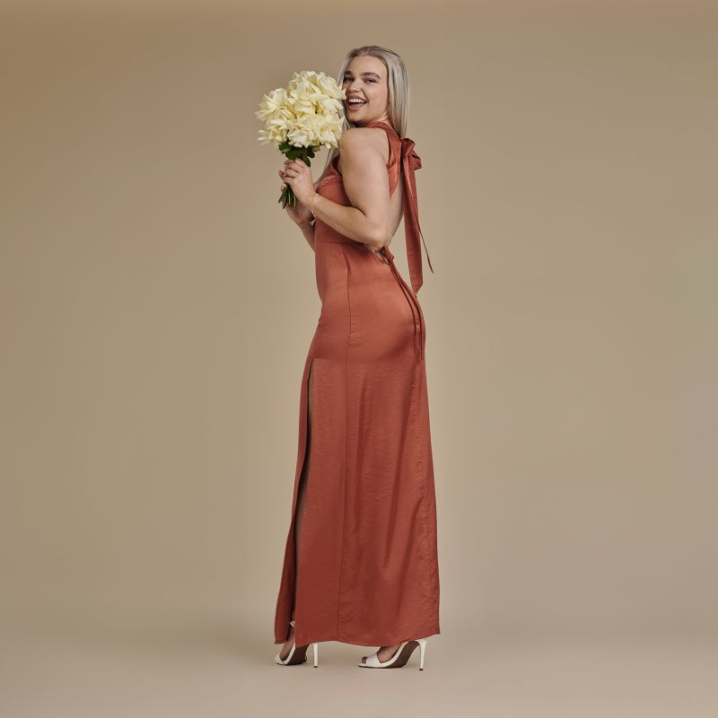 Halter Neck Floor Length Satin Dress - Josephine In Burnt Orange image