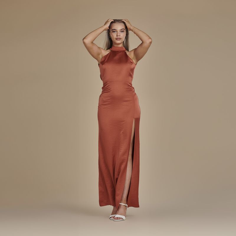 Halter Neck Floor Length Satin Dress - Josephine In Burnt Orange image