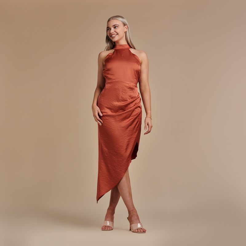 Halter Neck Asymmetric Satin Dress - Lulu In Burnt Orange image