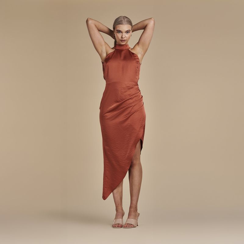 Halter Neck Asymmetric Satin Dress - Lulu In Burnt Orange image