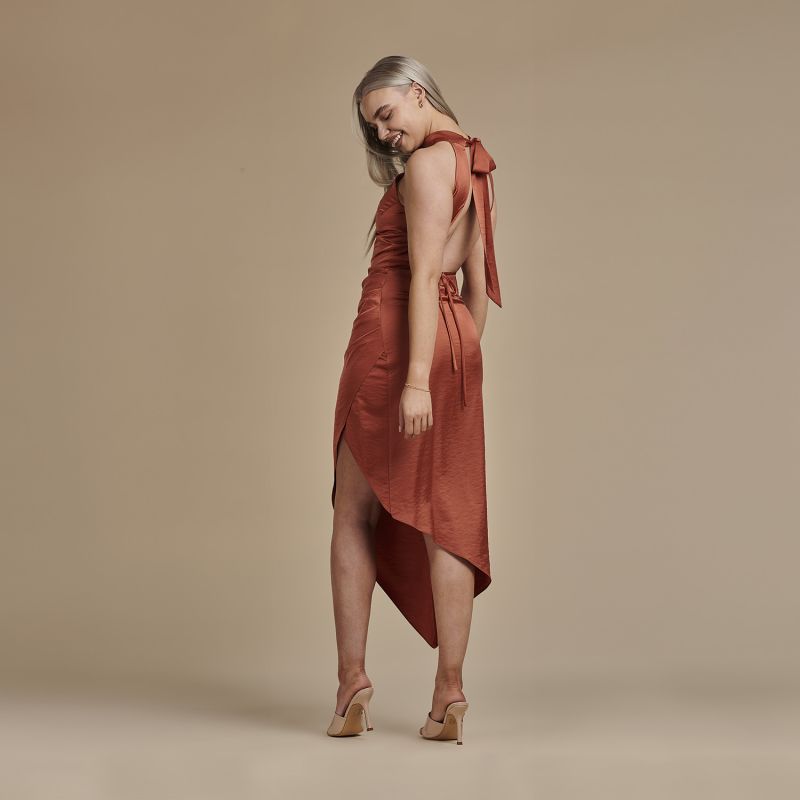 Halter Neck Asymmetric Satin Dress - Lulu In Burnt Orange image