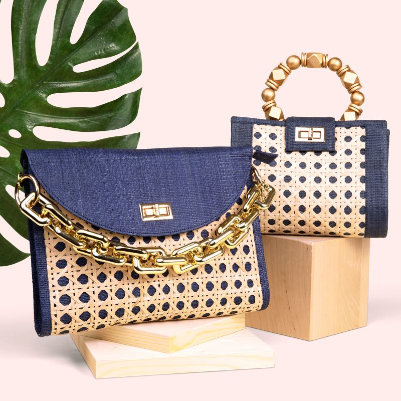 The Mila Navy Blue & Gold Rattan Woven Handbag image