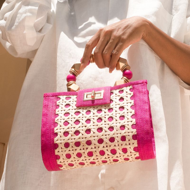 The Mila Pink & Gold Rattan Woven Handbag image