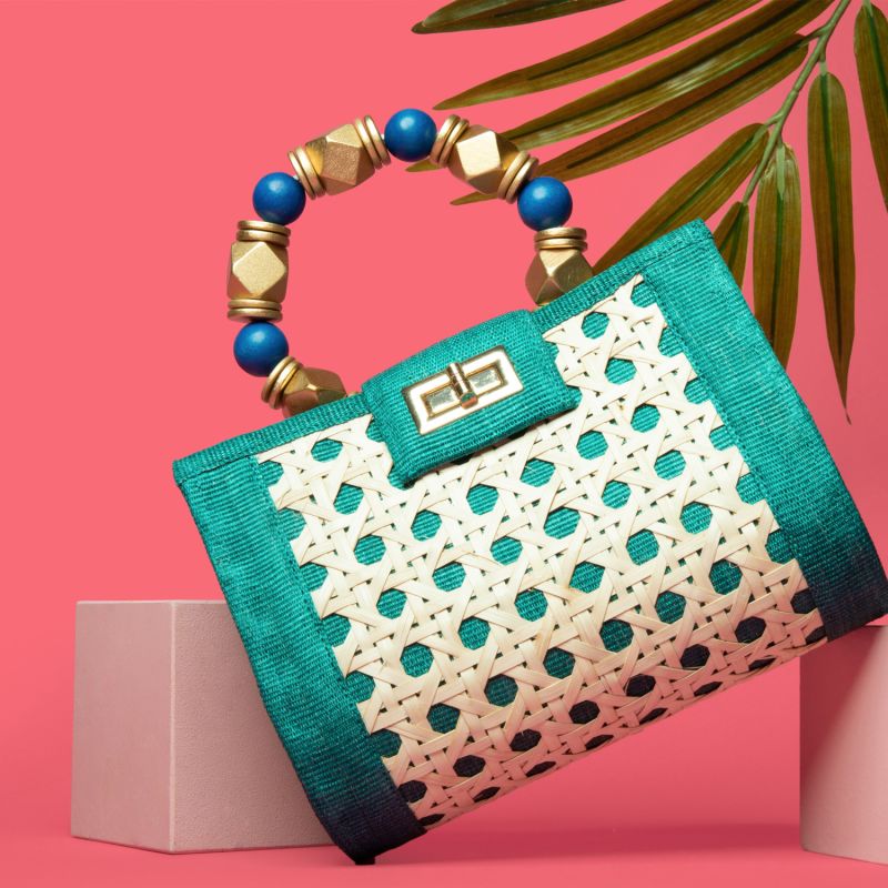 The Mila Teal Green, Blue & Gold Rattan Woven Handbag image