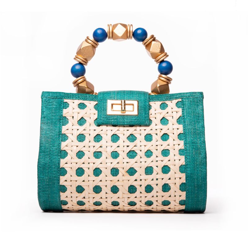 The Mila Teal Green, Blue & Gold Rattan Woven Handbag image