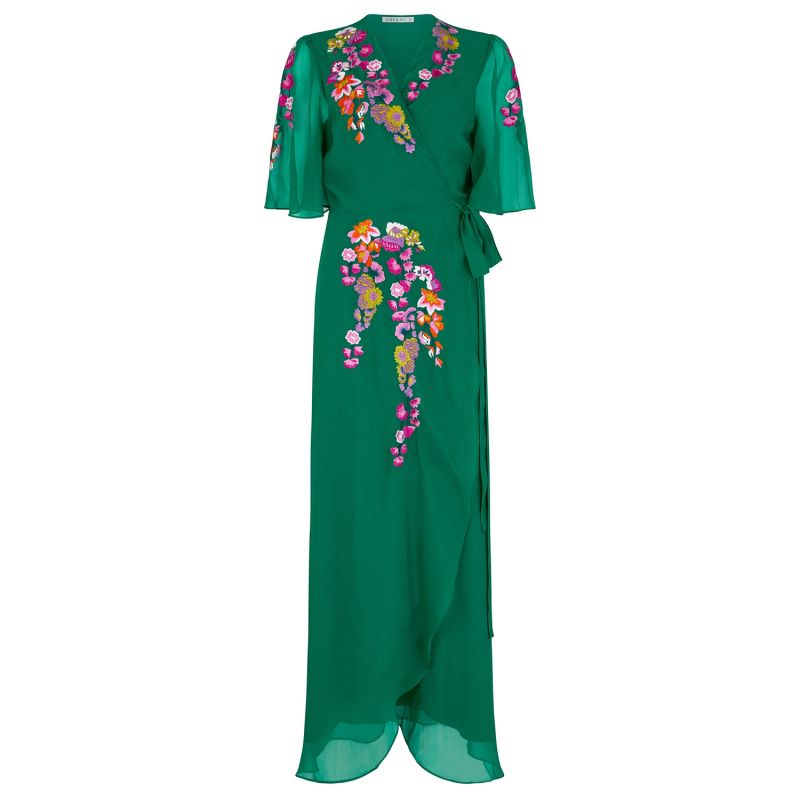 The Miria Embroidered Flutter Sleeve Maxi Dress With Tie Waist image