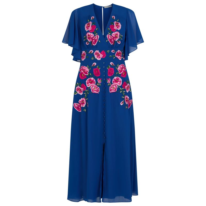 The Monica Embroidered Flutter Sleeve Front Button Midi Dress image