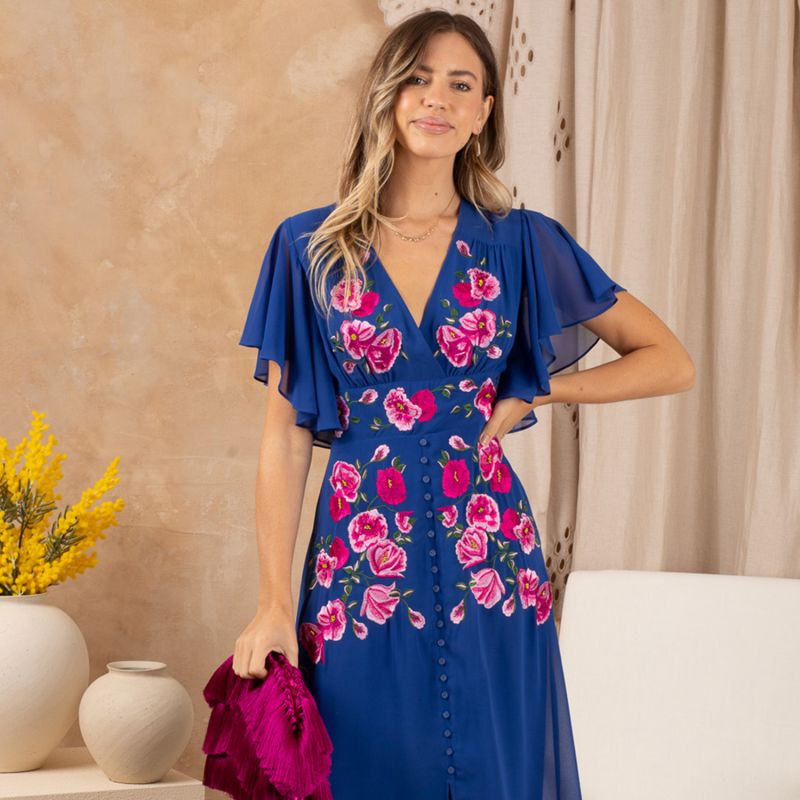 The Monica Embroidered Flutter Sleeve Front Button Midi Dress image