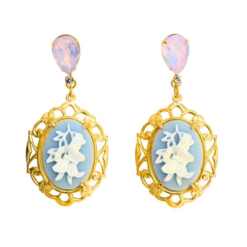 The Pink Reef Deco Vintage Cameo Earrings In Baby Blue image