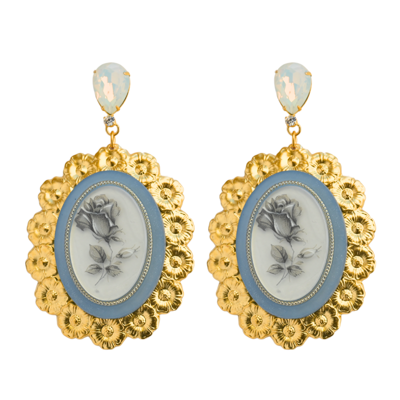 Large Blue Bouquet Vintage Cameo Earrings image