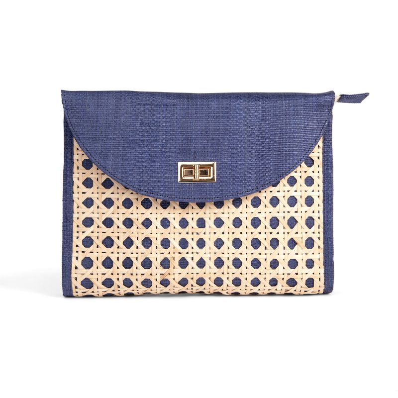 The Soleil Navy Blue Rattan Woven Clutch With Large Gold Chain image