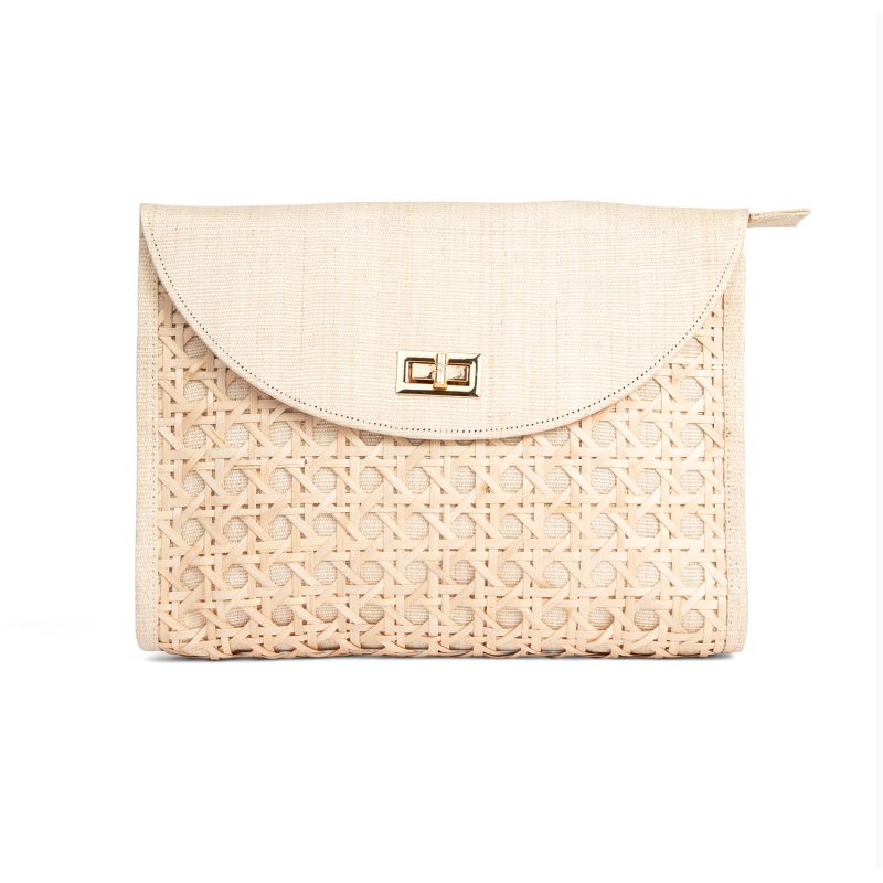 The Soleil Cream Rattan Woven Clutch With Large Gold Chain image