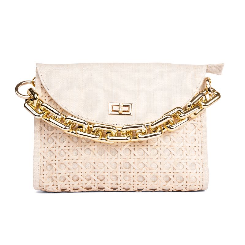 The Soleil Cream Rattan Woven Clutch With Large Gold Chain image