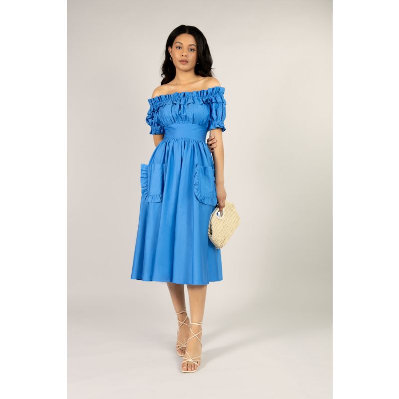 The Tamsin Bardot Ruffle Dress In Cornflower Blue Cotton image