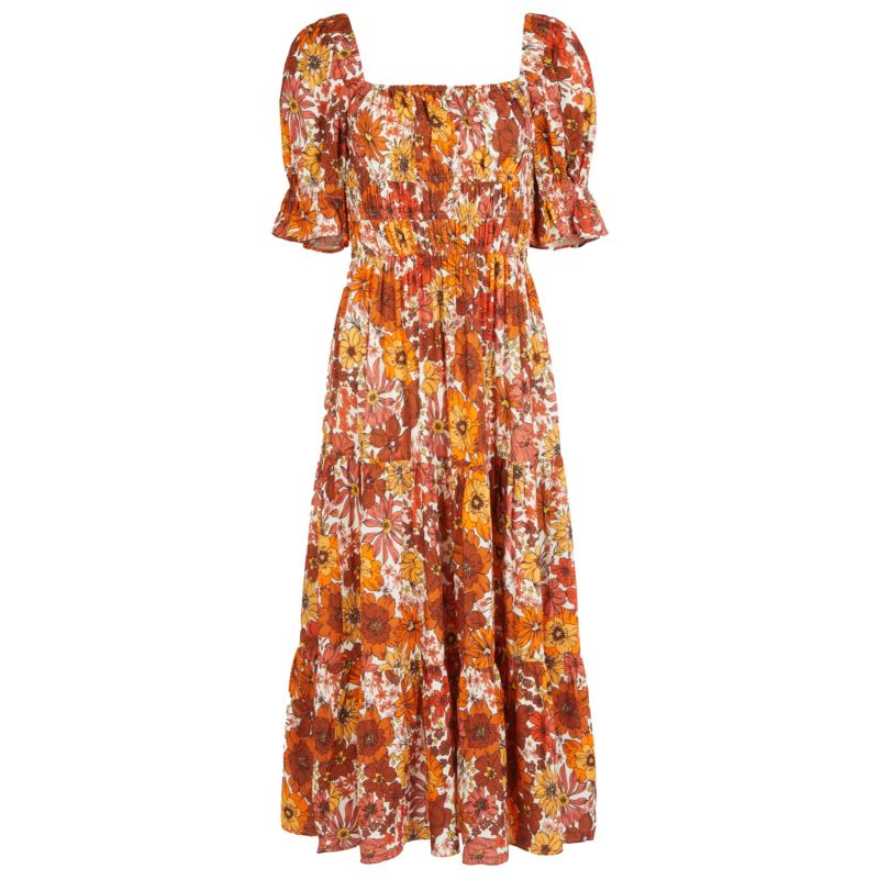 The Tilde Square Neck Midi Dress - Brown, Yellow & Orange | Lavaand ...