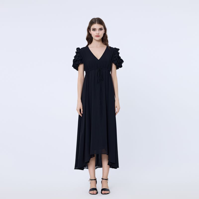 Tiered Frills Shoulder Long Dress - Black image