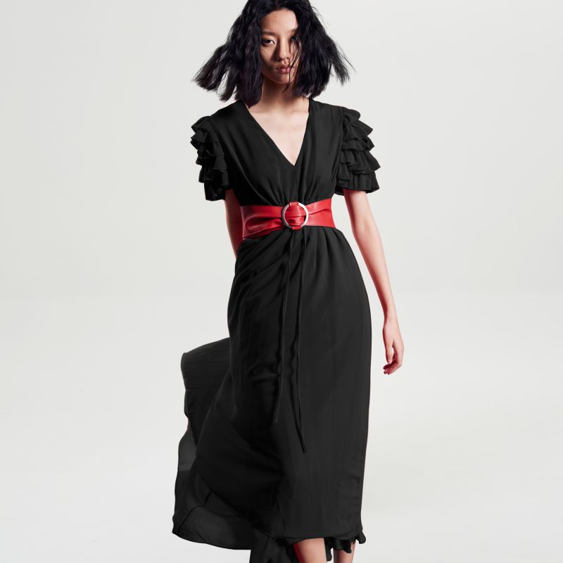 Tiered Frills Shoulder Long Dress - Black image