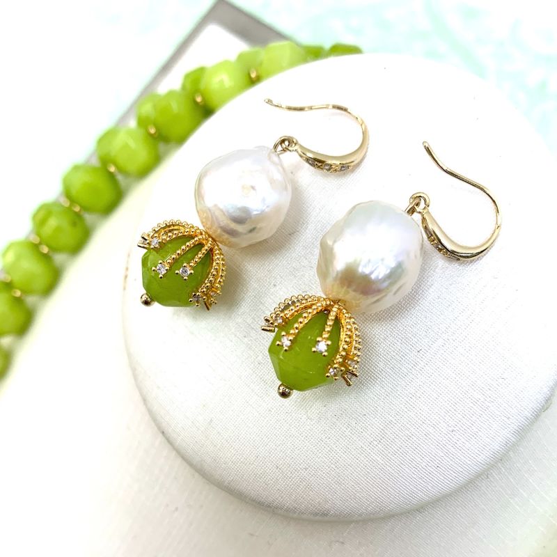 Irregular Freshwater Pearls With Grass Green Jade Dangle Earrings image