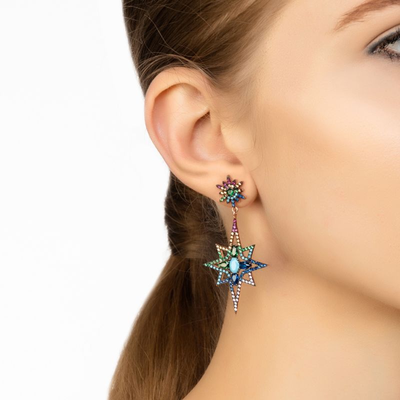 Northern Star Burst Multi Coloured Gemstone Earrings Rosegold image