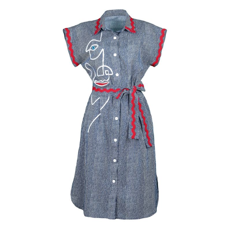 Pinstripe Cotton Shirtdress With Face Embroidery image