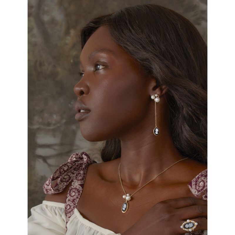 Lilith Gold-Plated Black Cameo And Pearl Drop Earrings image