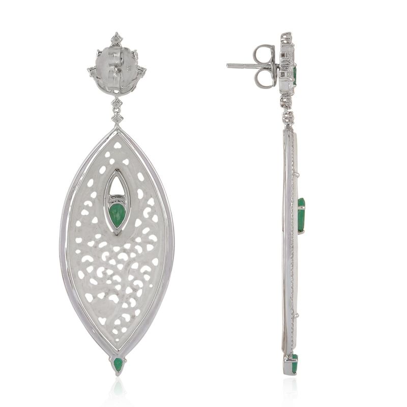 18K White Gold Carving Jade Diamond Marquise Shaped Dangle Earrings Jewelry image