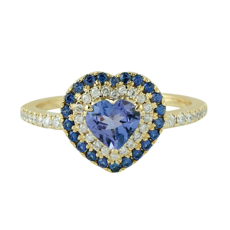 18K Yellow Gold In Diamond & Blue Sapphire With Tanzanite Heart Shape Cocktail Ring image