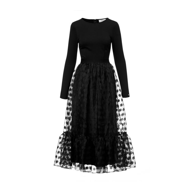 Polka Dot Pleated Organza Gown With Laser Cut Chiffon Skirt