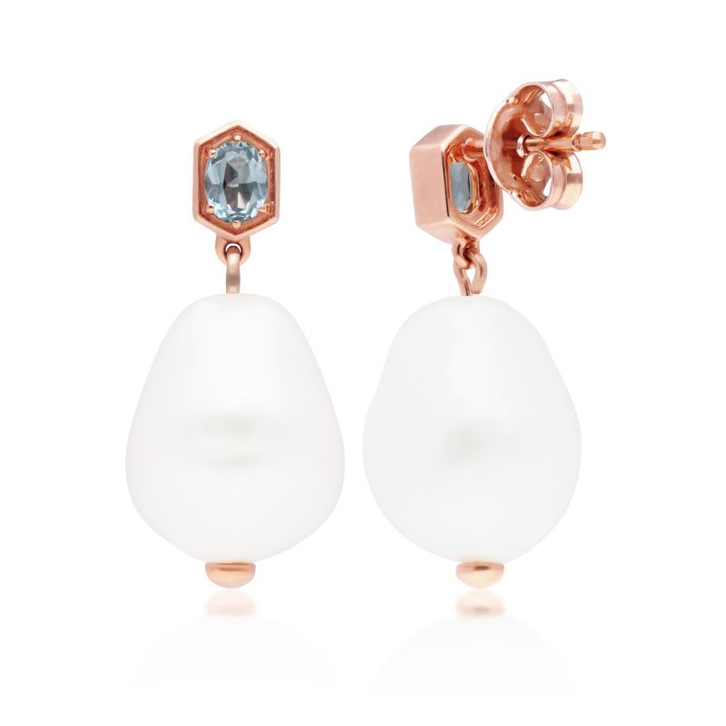 Baroque Pearl & Blue Topaz Earrings In Rose Gold Plated Silver image